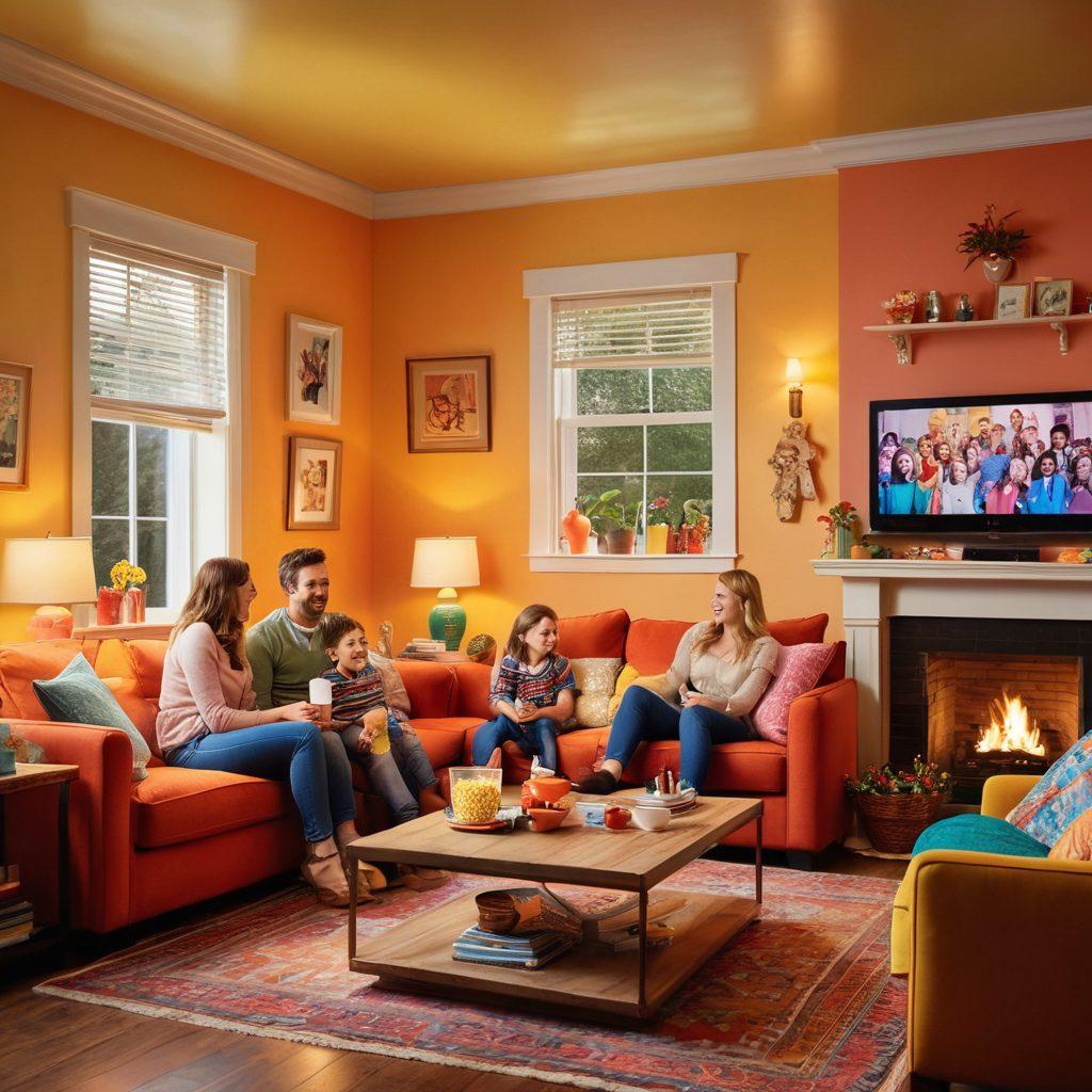 A lively living room scene with a family gathered around a large screen, laughing and enjoying a colorful variety of cheerful entertainment. The room is adorned with vibrant decorations, and a popcorn bowl sits on the coffee table, creating a cozy atmosphere. Bright, warm lighting enhances the joyful vibe, with television characters showcased on the screen radiating happiness. super-realistic. vibrant colors. cozy interior.