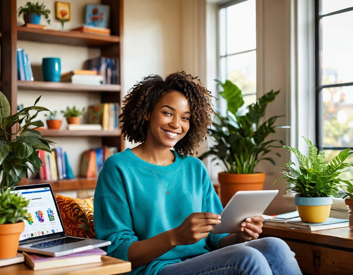 A joyful person streaming content on a sleek device in a cozy, sunlit room, surrounded by colorful plants and books. They are smiling, showcasing the happiness brought by FSN programming. Include playful graphics of streaming icons and a vibrant atmosphere that conveys positivity and happiness. super-realistic. vibrant colors. cozy interior.