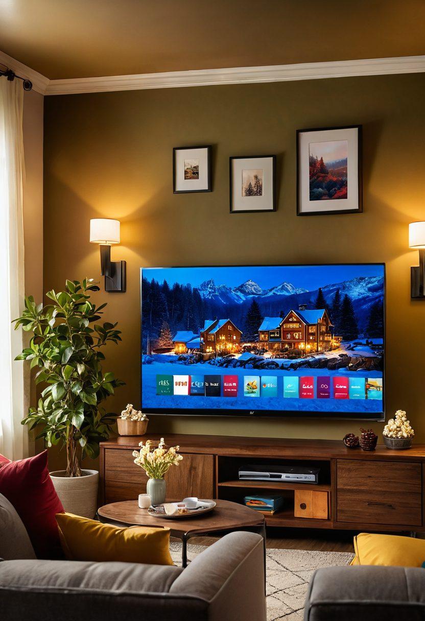 A cozy living room setting featuring a large TV screen displaying vibrant scenes from various genres including drama, comedy, and nature. Surround the TV with plush seating, popcorn bowls, and warm lighting to evoke a cozy atmosphere. Include family or friends laughing together, immersed in the joy of watching. Capture a sense of warmth and connection through bright colors and soft shadows. super-realistic. vibrant colors. cozy atmosphere.